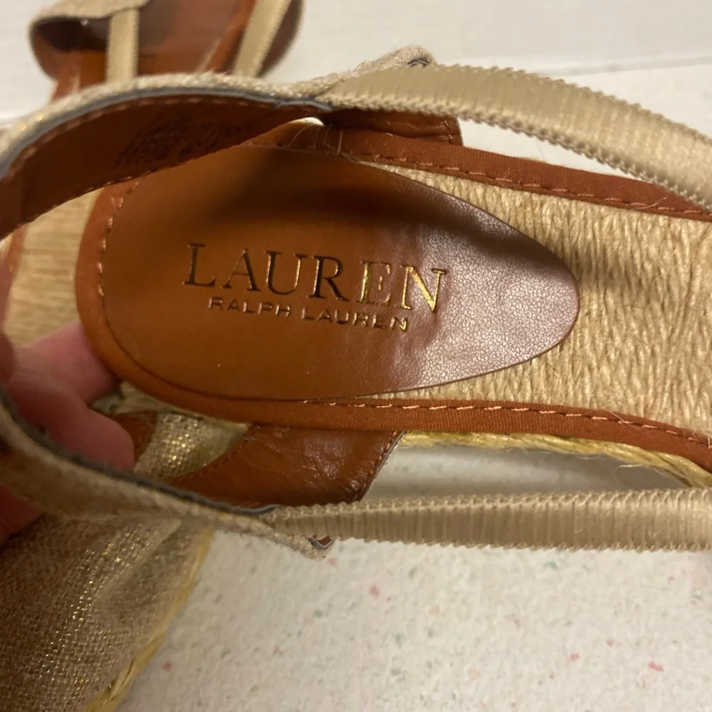 Lauren Ralph Lauren Natural Beige Linen Espadrille Wedge Sandals